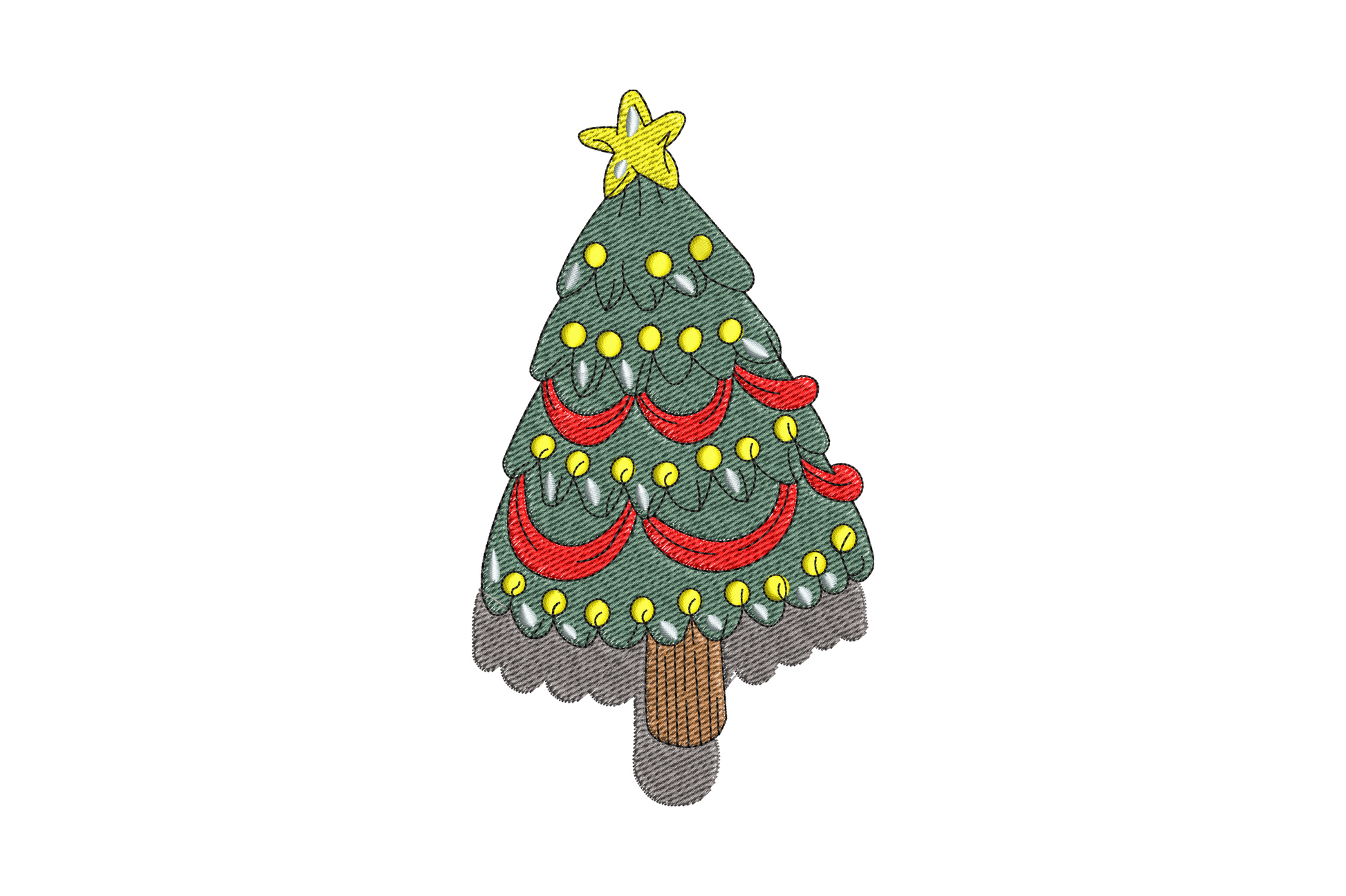 Decorated christmas tree with yellow string lights, red ribbon swags and star, 7 colors, 4 sizes