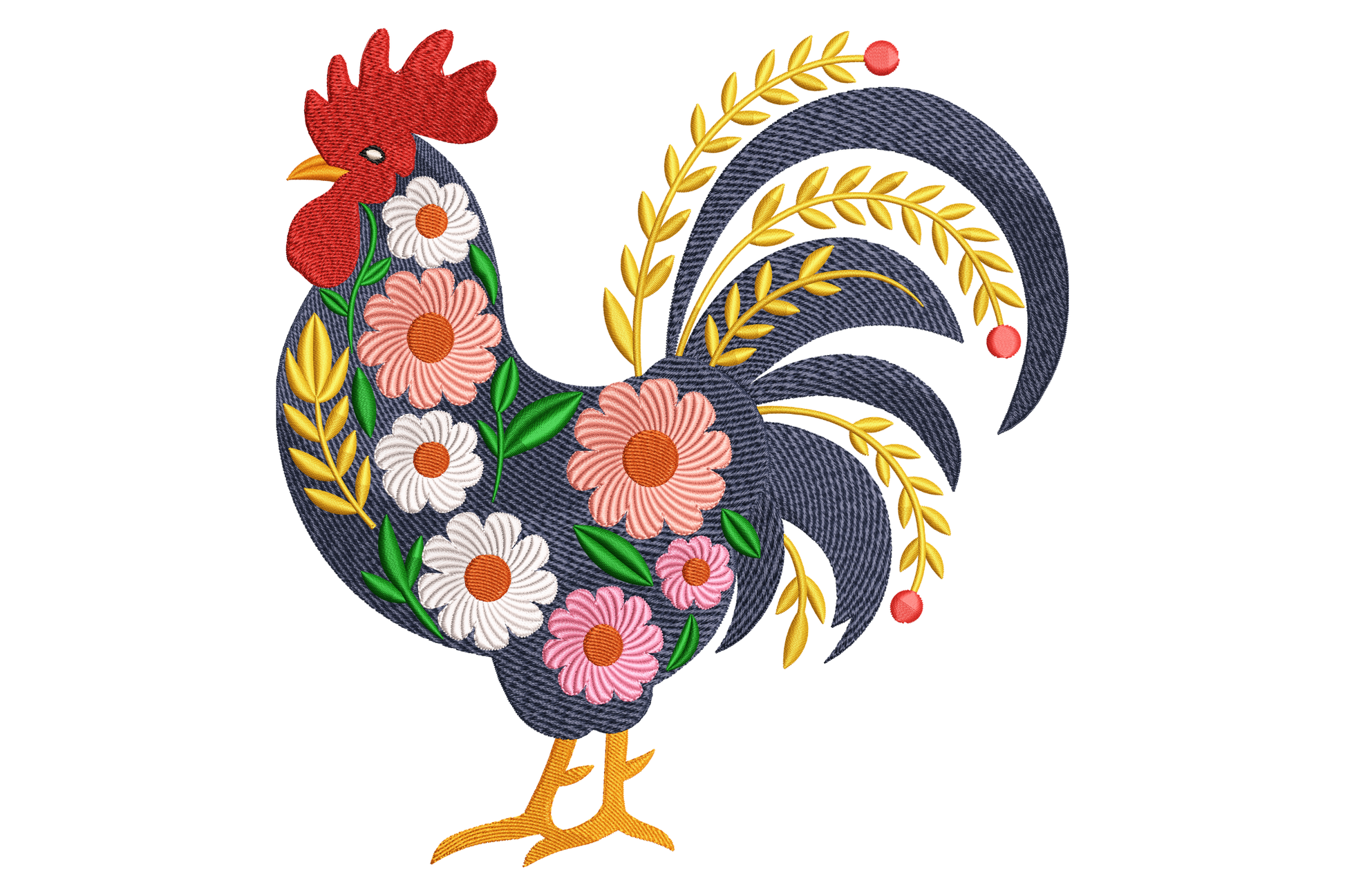Embroidered design of a rooster with floral patterns on a white background