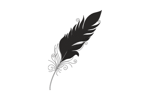 Decorative black feather silhouette embroidery, dense satin plumage with delicate filigree curl flourishes at the base.