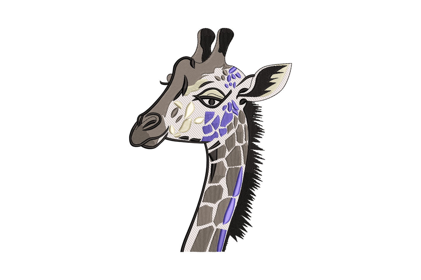 Decorative giraffe head embroidery with golden tan and amber patch markings, 5 colours on white fabric