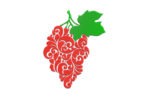 Decorative grape cluster embroidery, purple grapes with green vine leaf, classic kitchen motif on white background