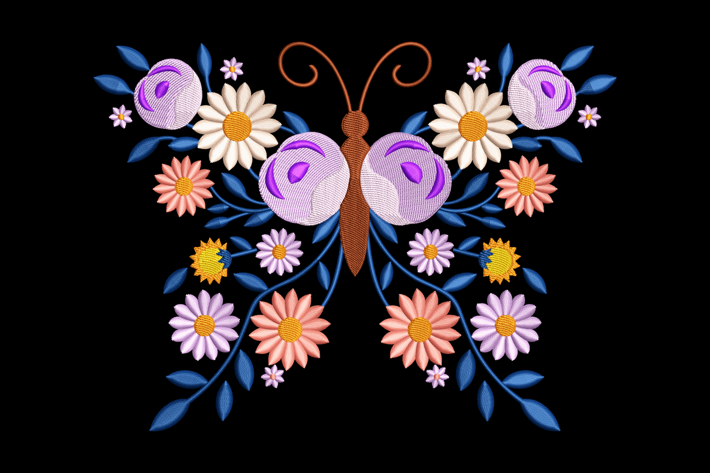 Embroidered butterfly and floral design on a black background