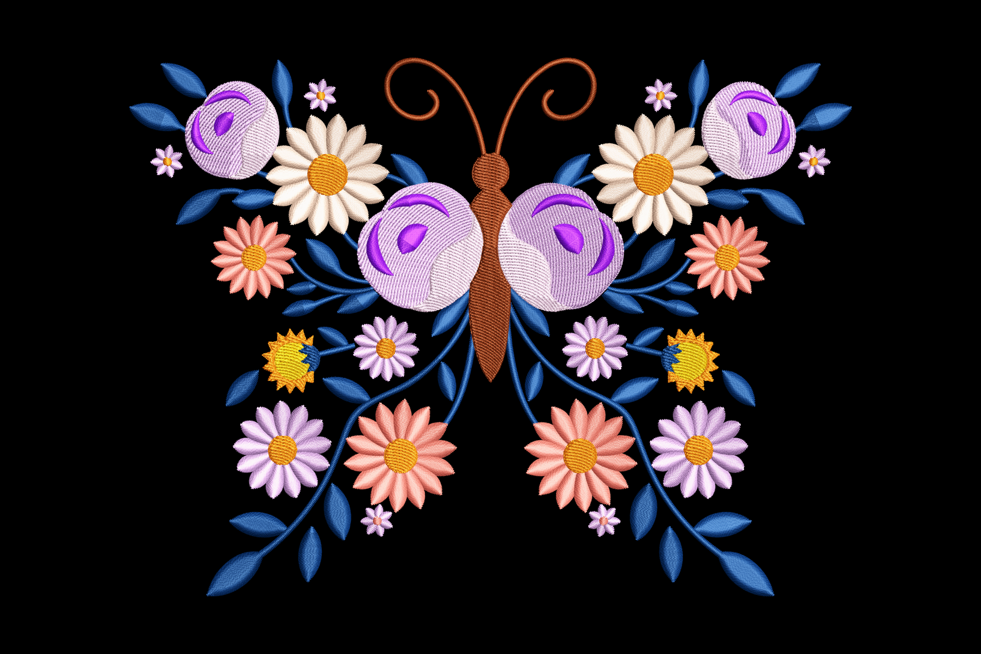 Embroidered butterfly and floral design on a black background