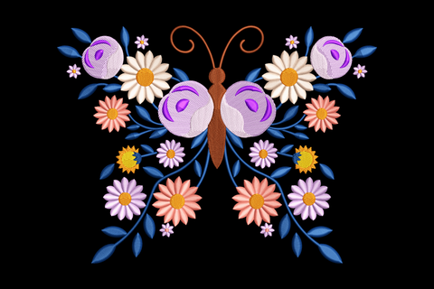Embroidered butterfly and floral design on a black background