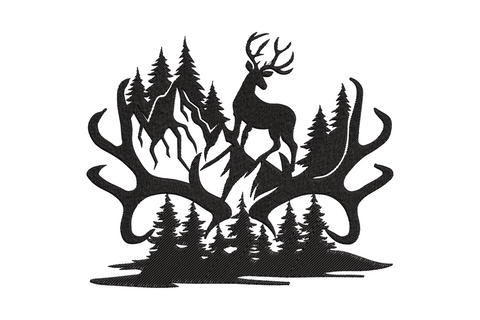 Black embroidery of oversized deer antlers framing a mountain forest scene with a standing buck and pine trees inside