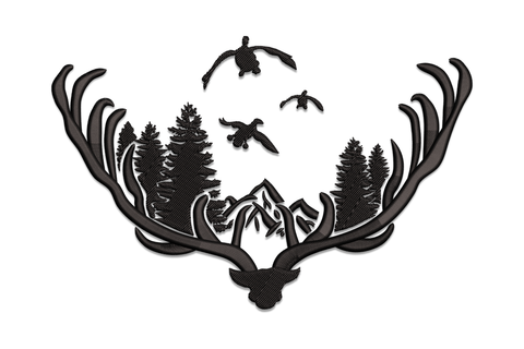 Deer antler mountain scene embroidery design in black silhouette with pine trees, jagged peaks and birds in flight framed inside the antler rack.