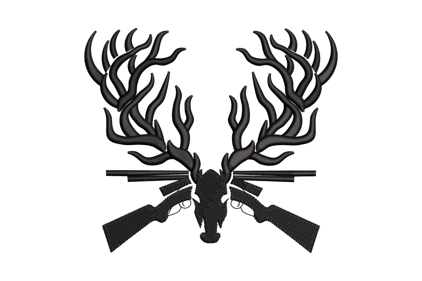 Black deer antler crossed rifles silhouette embroidery, heraldic badge layout, 4 sizes, single black thread.