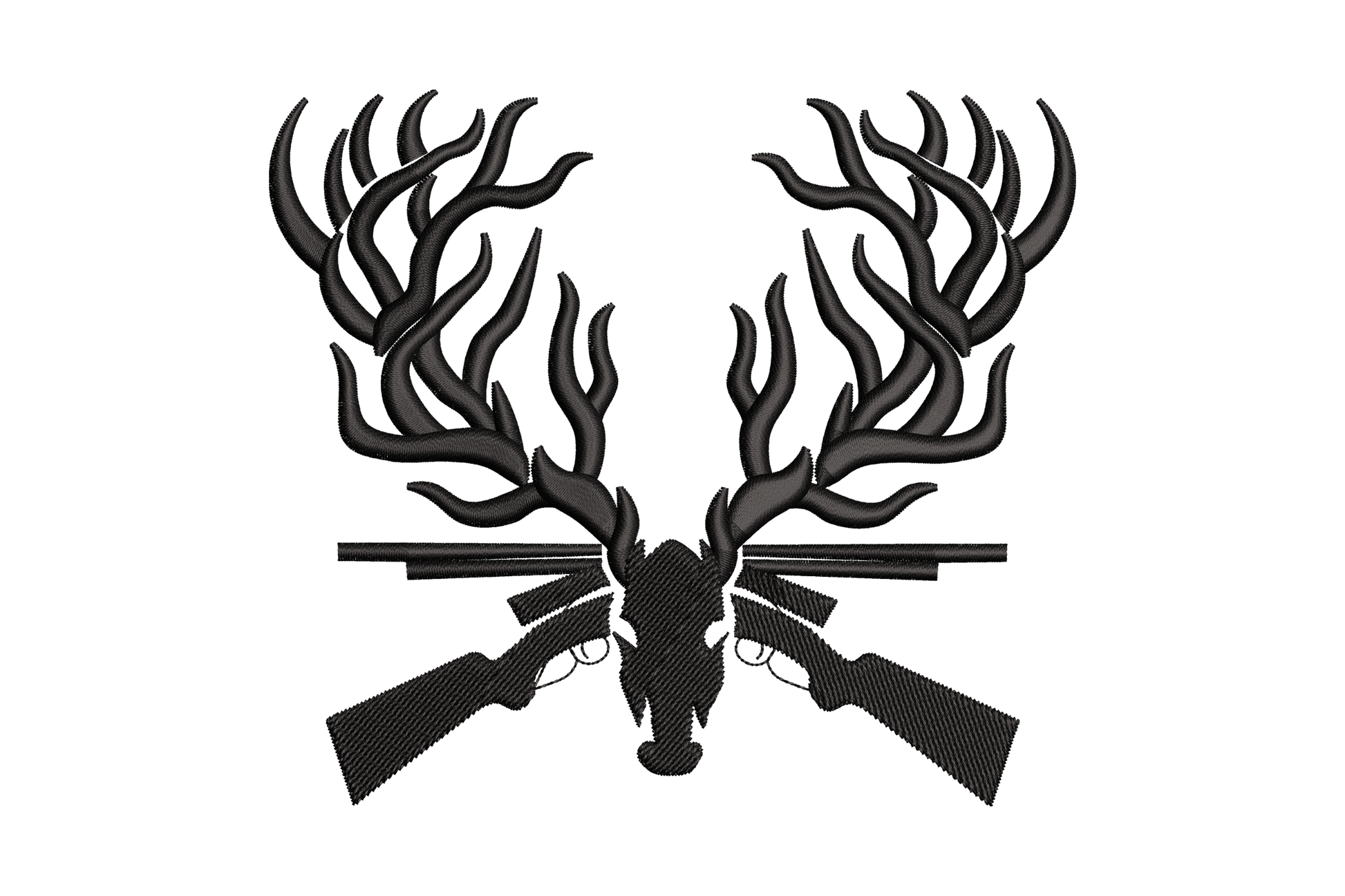 Black deer antler crossed rifles silhouette embroidery, heraldic badge layout, 4 sizes, single black thread.