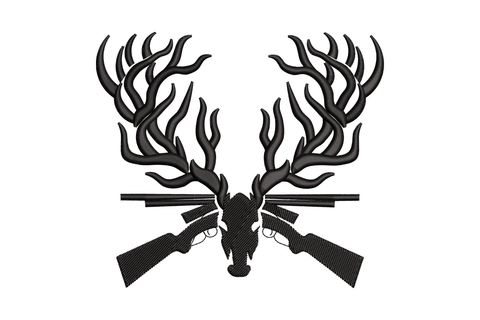 Black deer antler crossed rifles silhouette embroidery, heraldic badge layout, 4 sizes, single black thread.