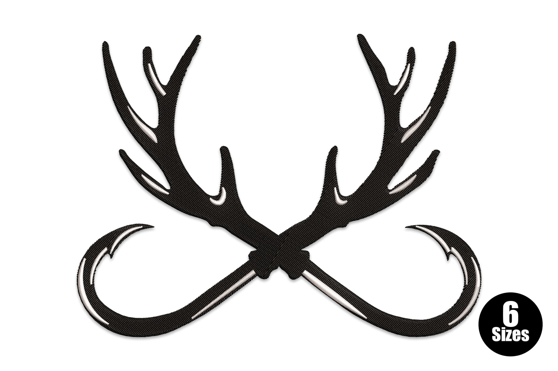 Deer antlers and fishing hooks embroidery design, wide spread antlers with etched tine detail and two crossed hooks at base, black and white.