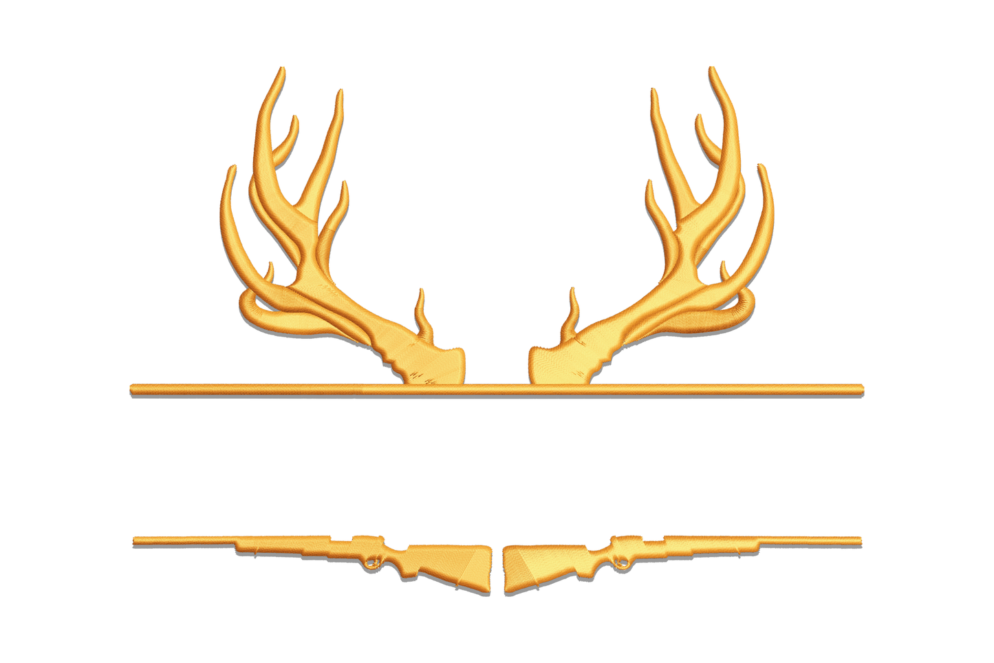 Deer antlers with crossed rifles hunting badge embroidery in blaze orange thread, multi-tine antlers above two horizontal rifles.