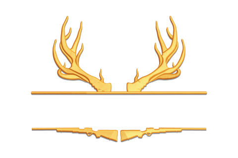Deer antlers with crossed rifles hunting badge embroidery in blaze orange thread, multi-tine antlers above two horizontal rifles.
