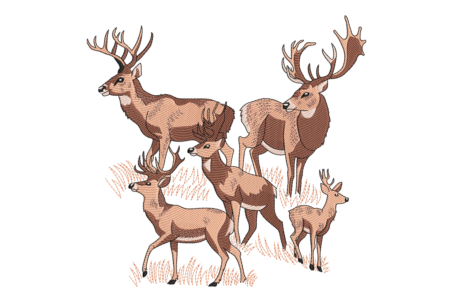Deer family embroidery design with two antlered stags, a doe and a fawn in a field, etching-style fills in tan and brown.