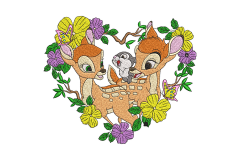Two cartoon fawns nuzzling with grey bunny inside heart floral wreath, yellow purple blooms, pink butterfly on right.