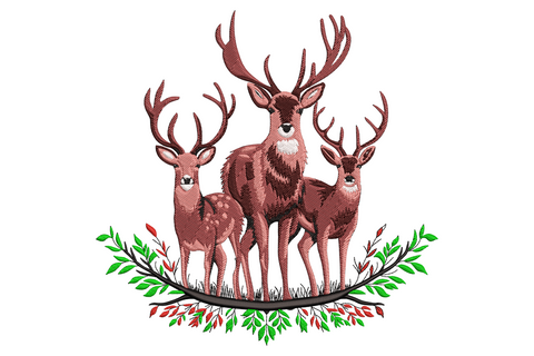 Deer family embroidery, three burgundy deer on a leafy branch with red berries, antlered stag between two smaller deer