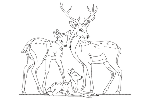 Deer family outline embroidery with antlered stag, doe and small fawn in single-colour line work on white.