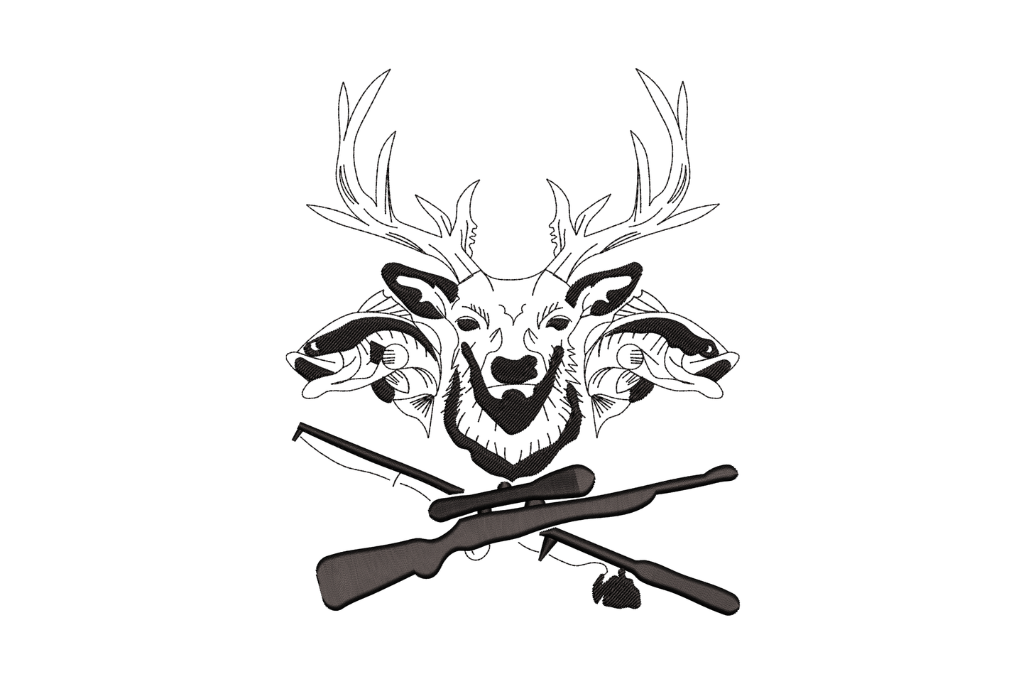 Deer fish hunting crest embroidery in black line art with antlered buck deer head, two bass fish, crossed rifle and bow.