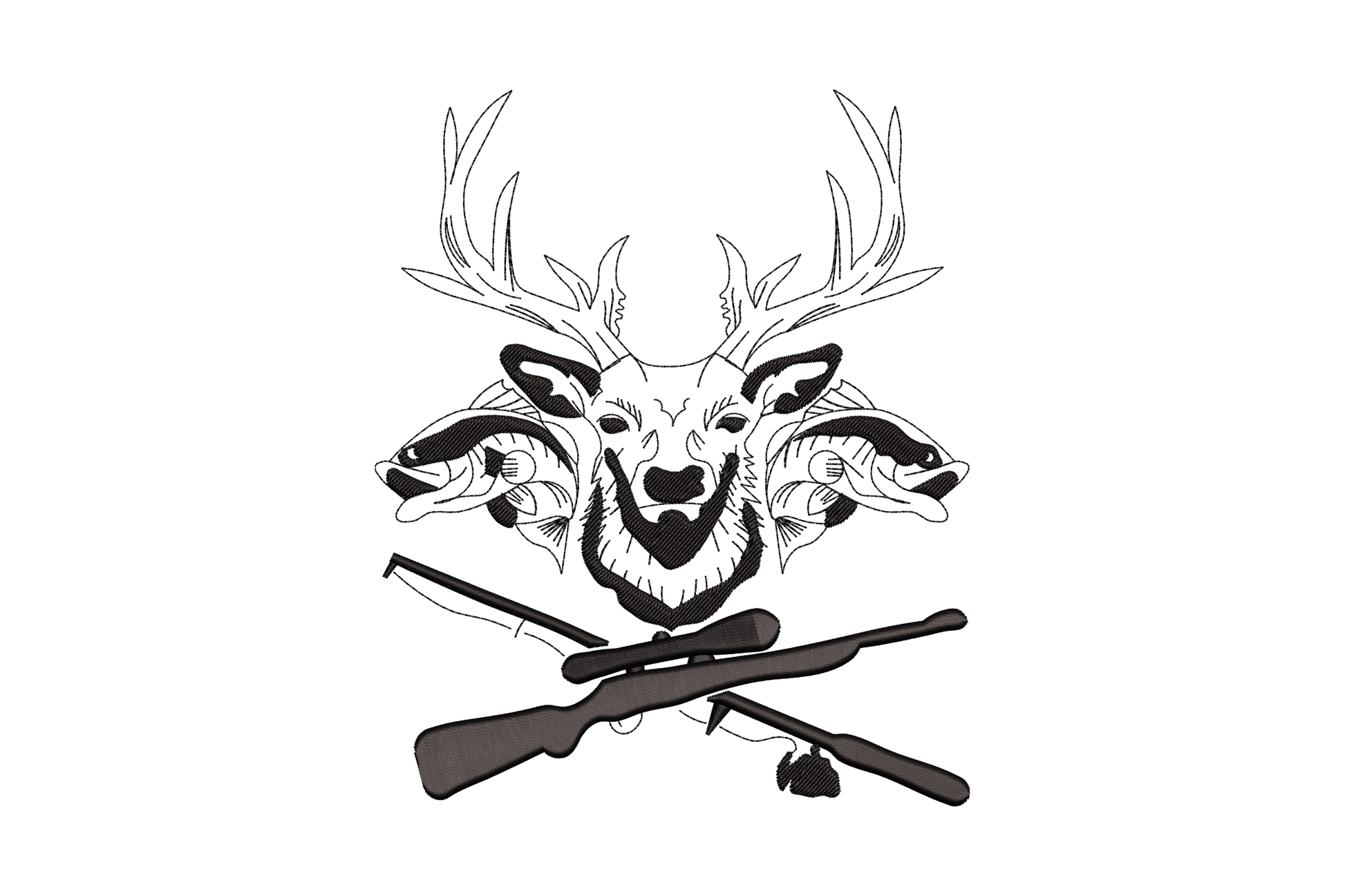 Deer fish hunting crest embroidery in black line art with antlered buck deer head, two bass fish, crossed rifle and bow.