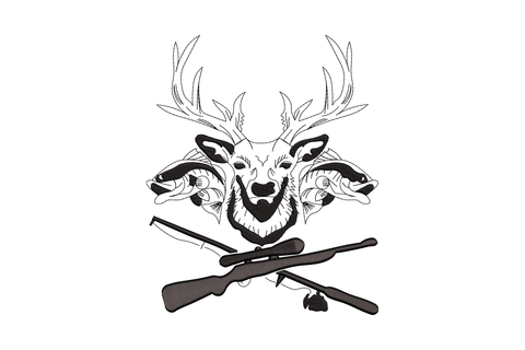 Deer fish hunting crest embroidery in black line art with antlered buck deer head, two bass fish, crossed rifle and bow.