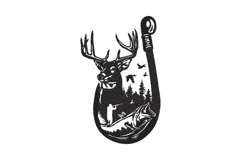 Buck head with antlers flowing into fishing hook silhouette, forest scene with angler and leaping bass inside hook.