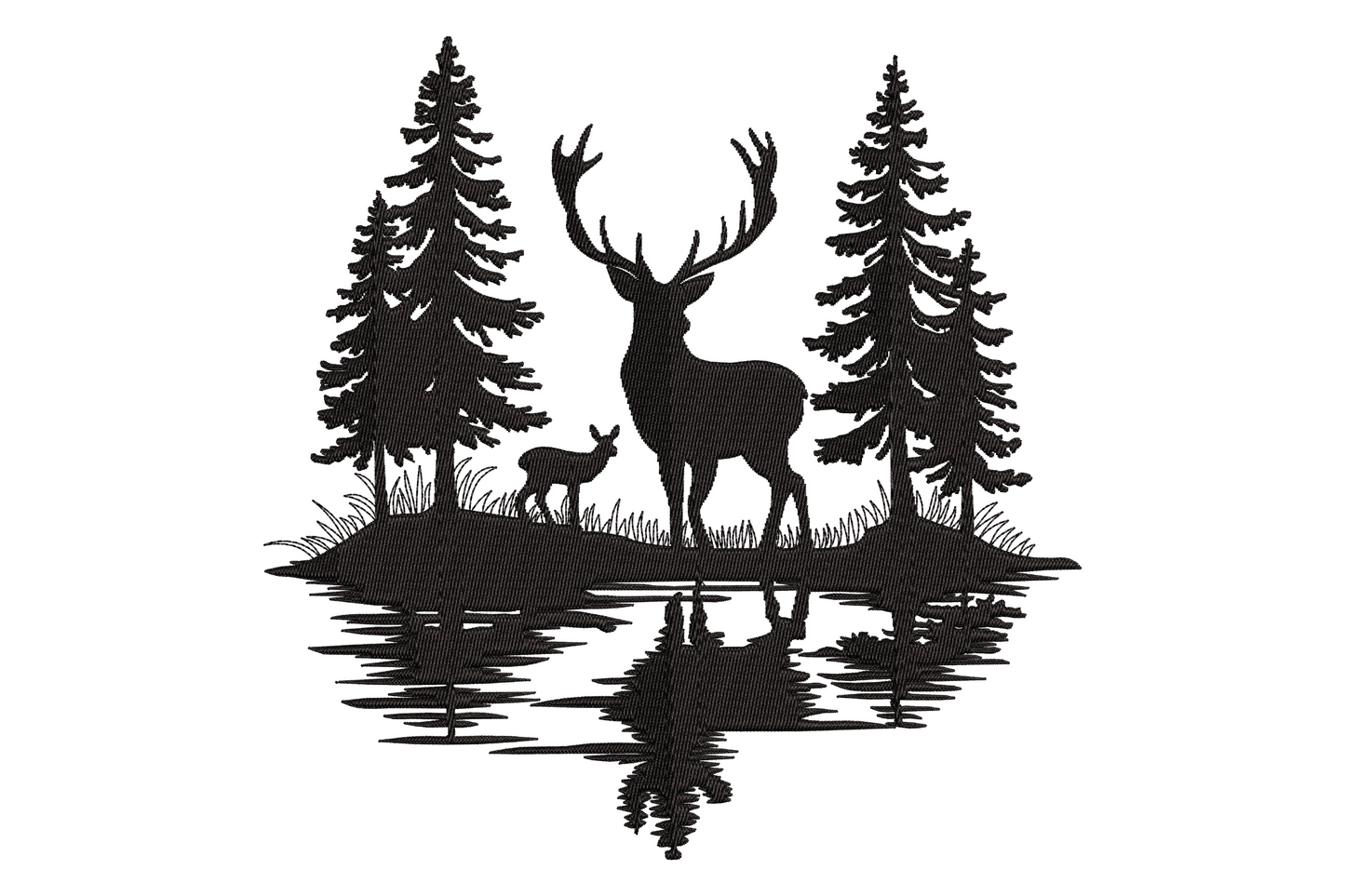 Deer forest silhouette embroidery with stag and fawn at a lake edge, pine trees and perfect water reflection in solid black.