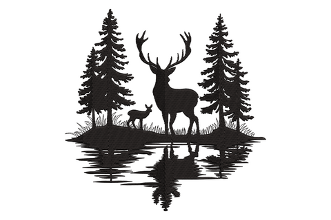 Deer forest silhouette embroidery with stag and fawn at a lake edge, pine trees and perfect water reflection in solid black.