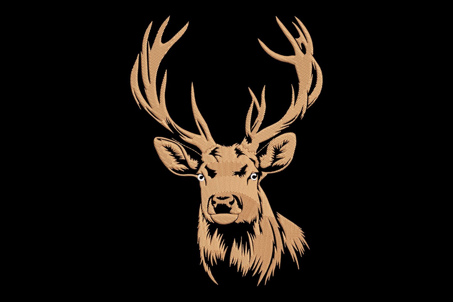 Machine embroidery design of a two-colour deer head with multi-point antler rack in warm brown and black on white background.