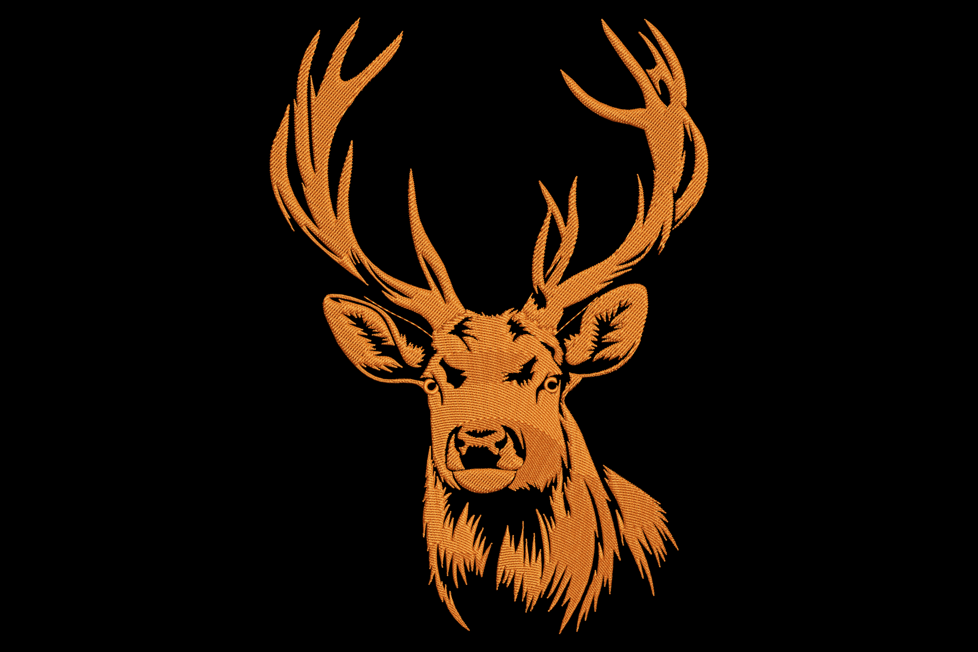 Deer head embroidery design, front-facing stag silhouette in amber thread with full antlers and rough neck fur on black.