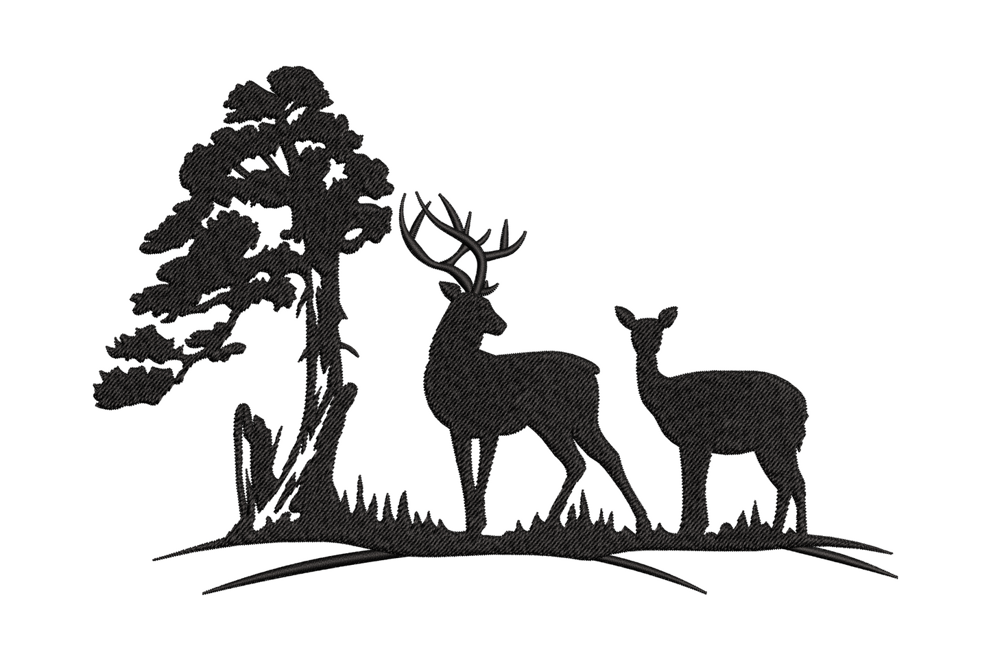 Black silhouette embroidery of a buck and doe deer beside a tall layered pine tree with grass tufts at the base