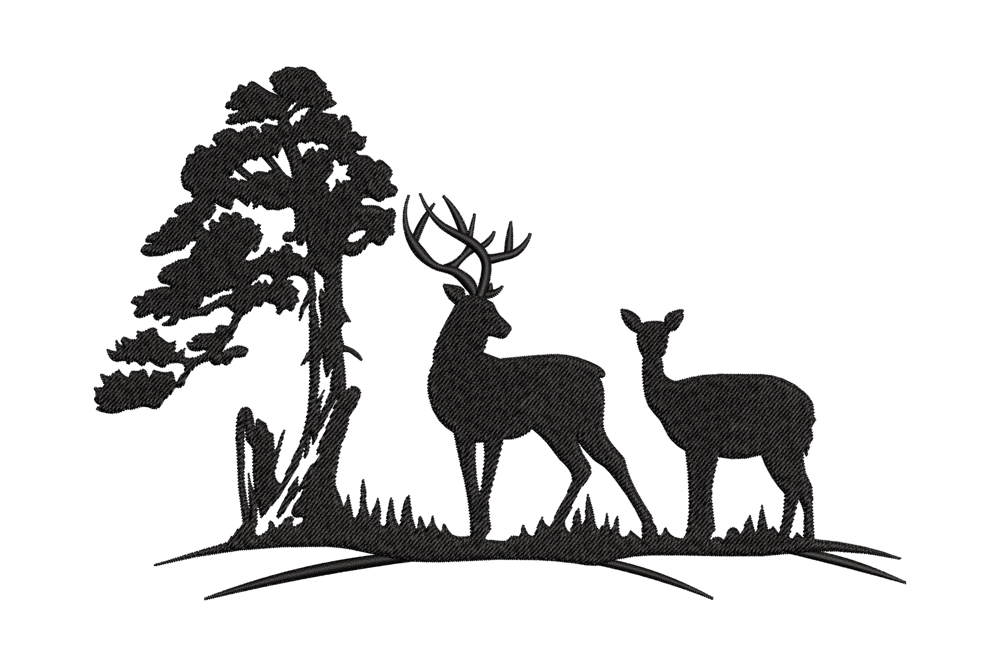 Black silhouette embroidery of a buck and doe deer beside a tall layered pine tree with grass tufts at the base