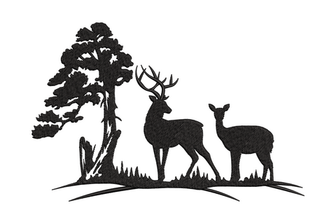 Black silhouette embroidery of a buck and doe deer beside a tall layered pine tree with grass tufts at the base