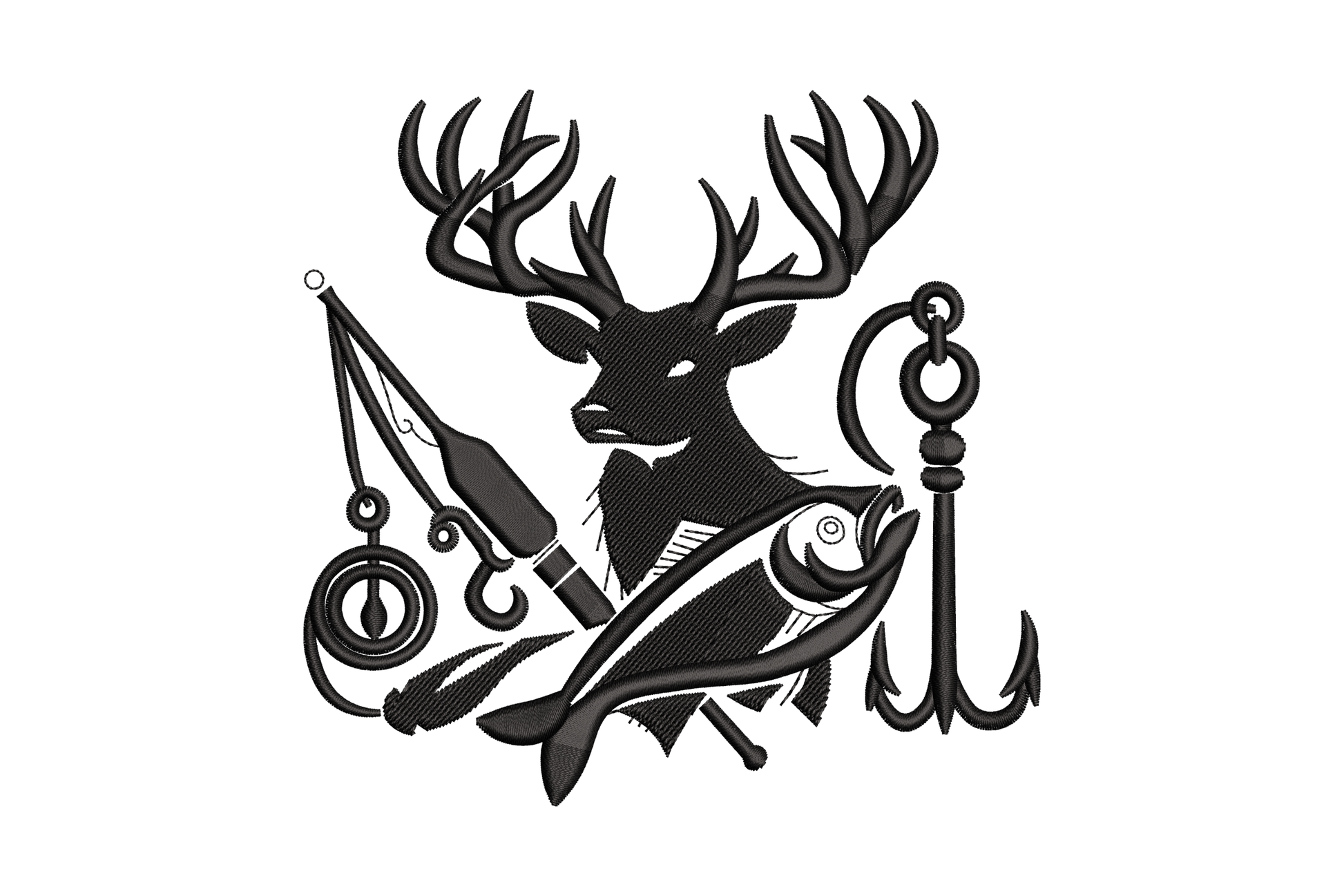 Deer head antler embroidery with fishing rod, reel, fish and treble hook in a black silhouette collage badge, 4 sizes.