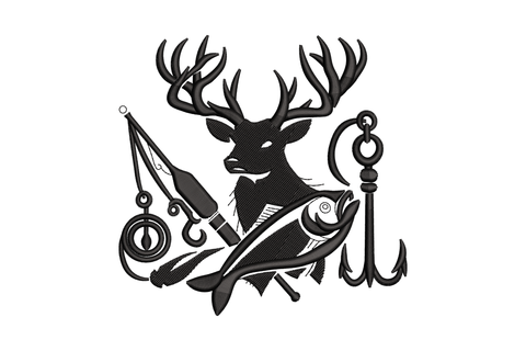 Deer head antler embroidery with fishing rod, reel, fish and treble hook in a black silhouette collage badge, 4 sizes.