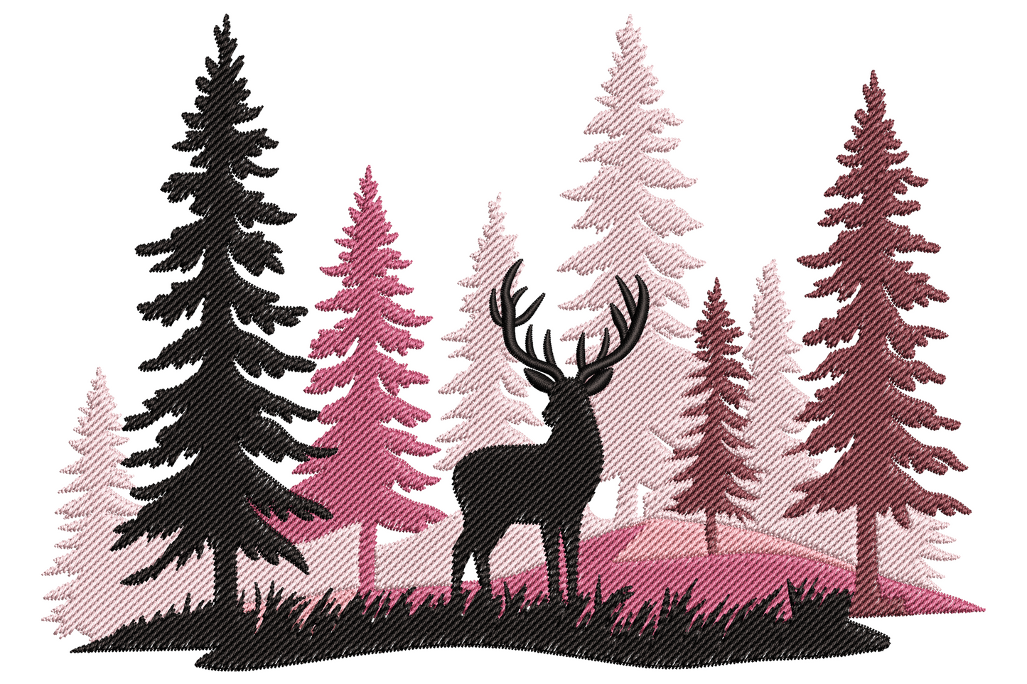 Deer stag silhouette in layered pine forest scene embroidery, 5 tonal colours, misty ground fog, dark woodland depth.