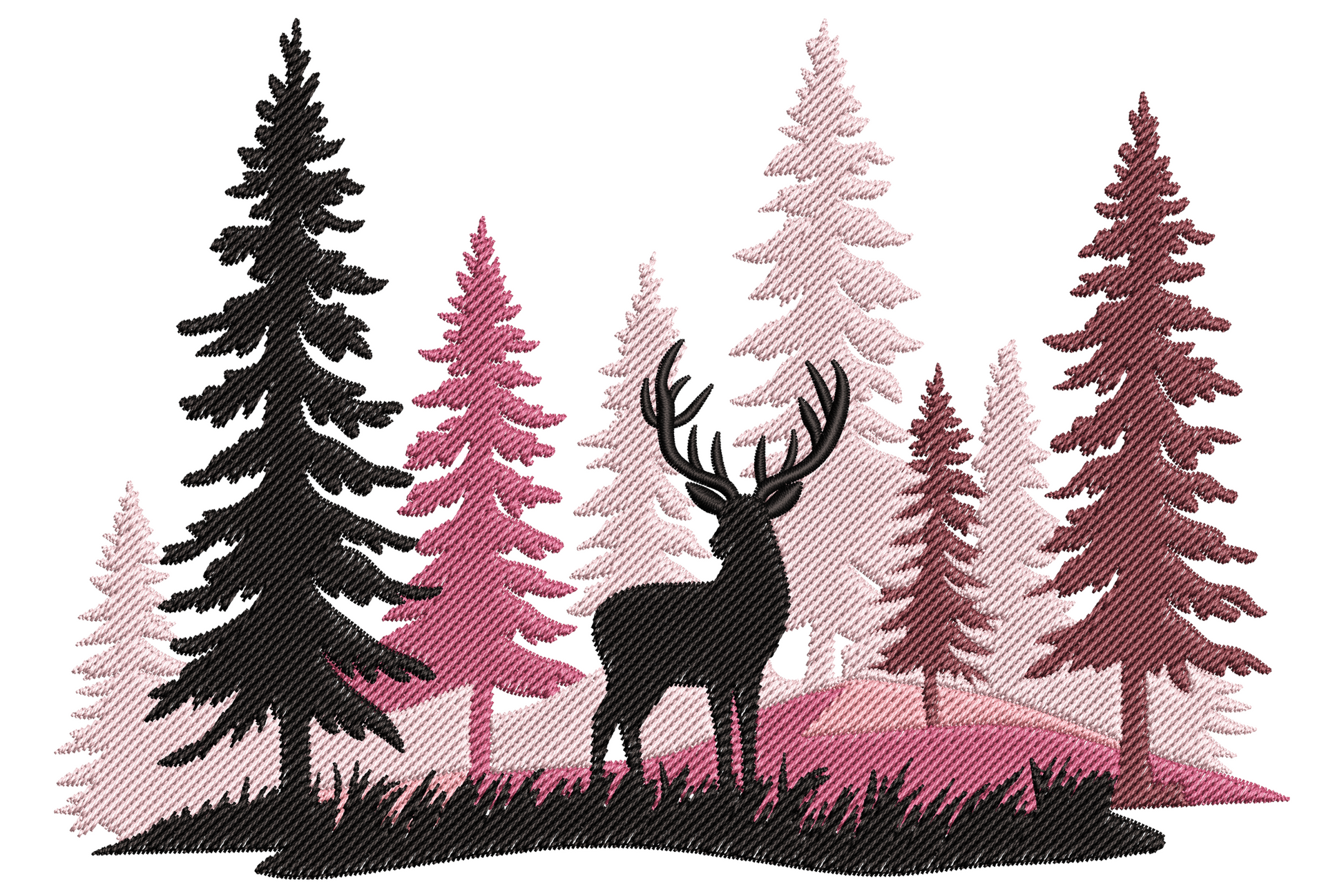 Deer stag silhouette in layered pine forest scene embroidery, 5 tonal colours, misty ground fog, dark woodland depth.