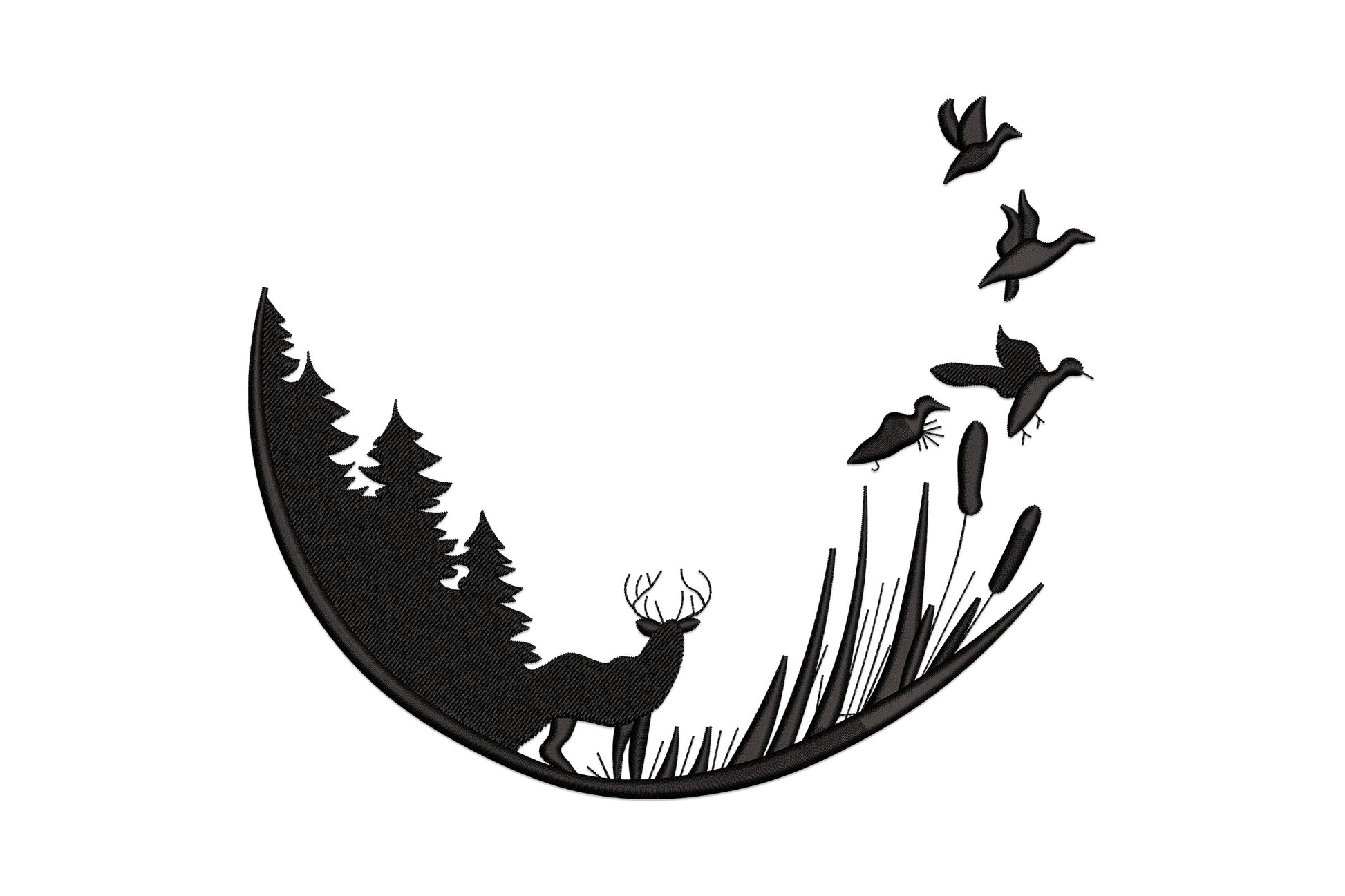 Black silhouette embroidery with arc border, pine trees, antlered deer, cattail reeds and 4 birds in flight at top right.