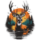 Deer in Sunset Forest Scene Embroidery Design, Instant Download