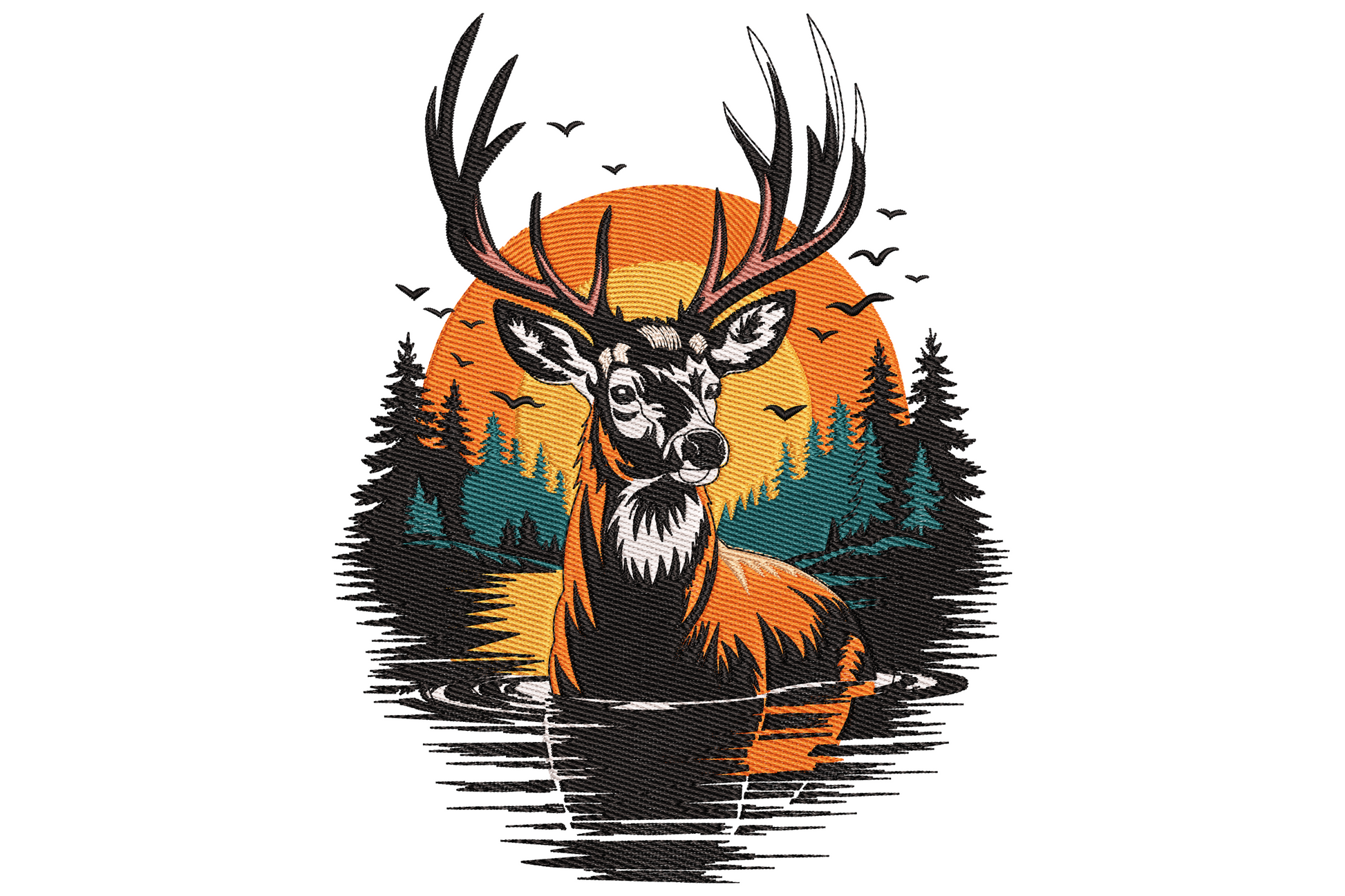 Circular forest medallion embroidery with stag deer antlers, orange sunset sun, pine silhouettes and teal water