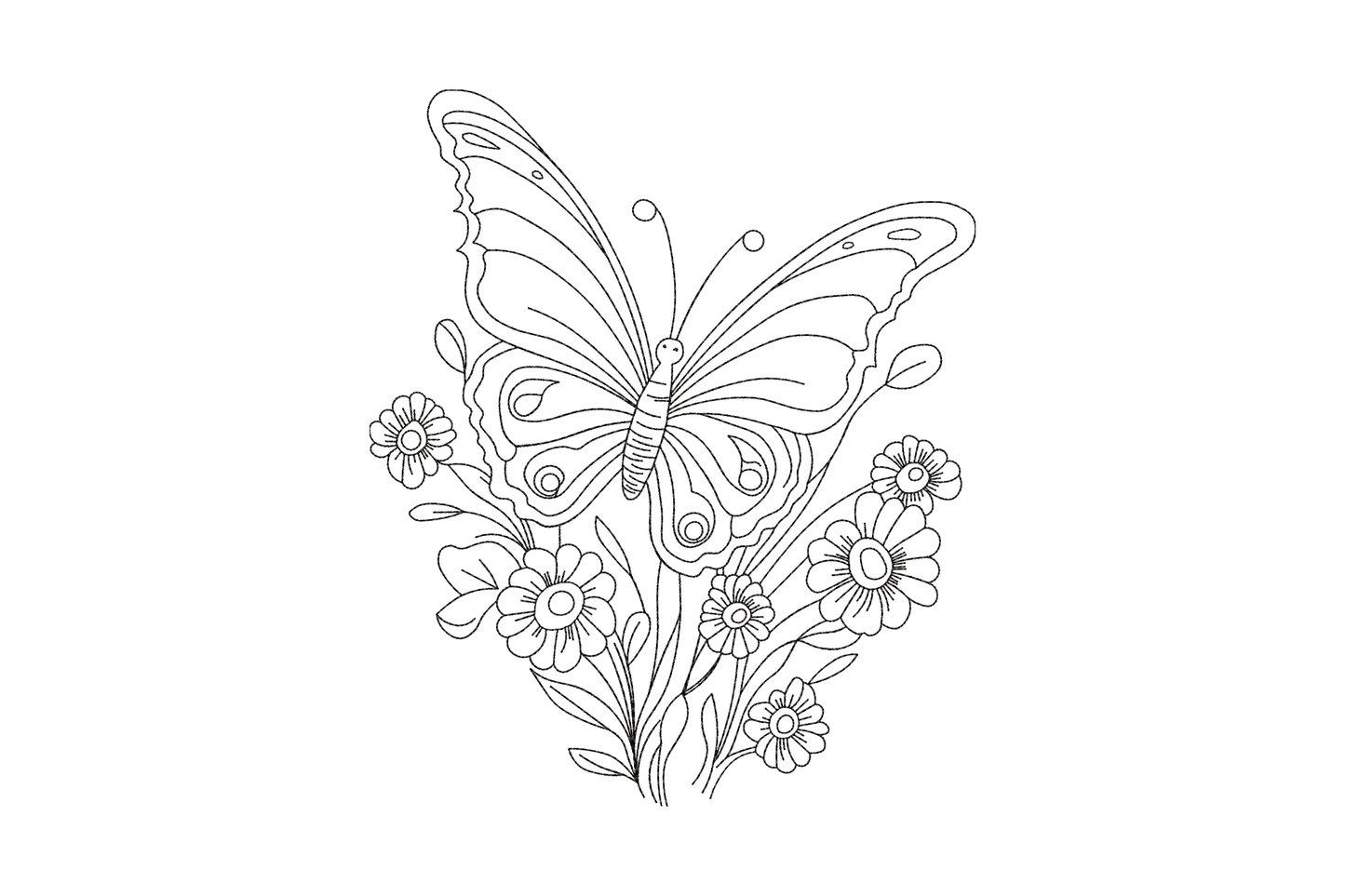 Outline butterfly above daisy cluster embroidery, low-density sketch linework in single black thread, garden style.