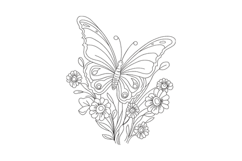 Outline butterfly above daisy cluster embroidery, low-density sketch linework in single black thread, garden style.