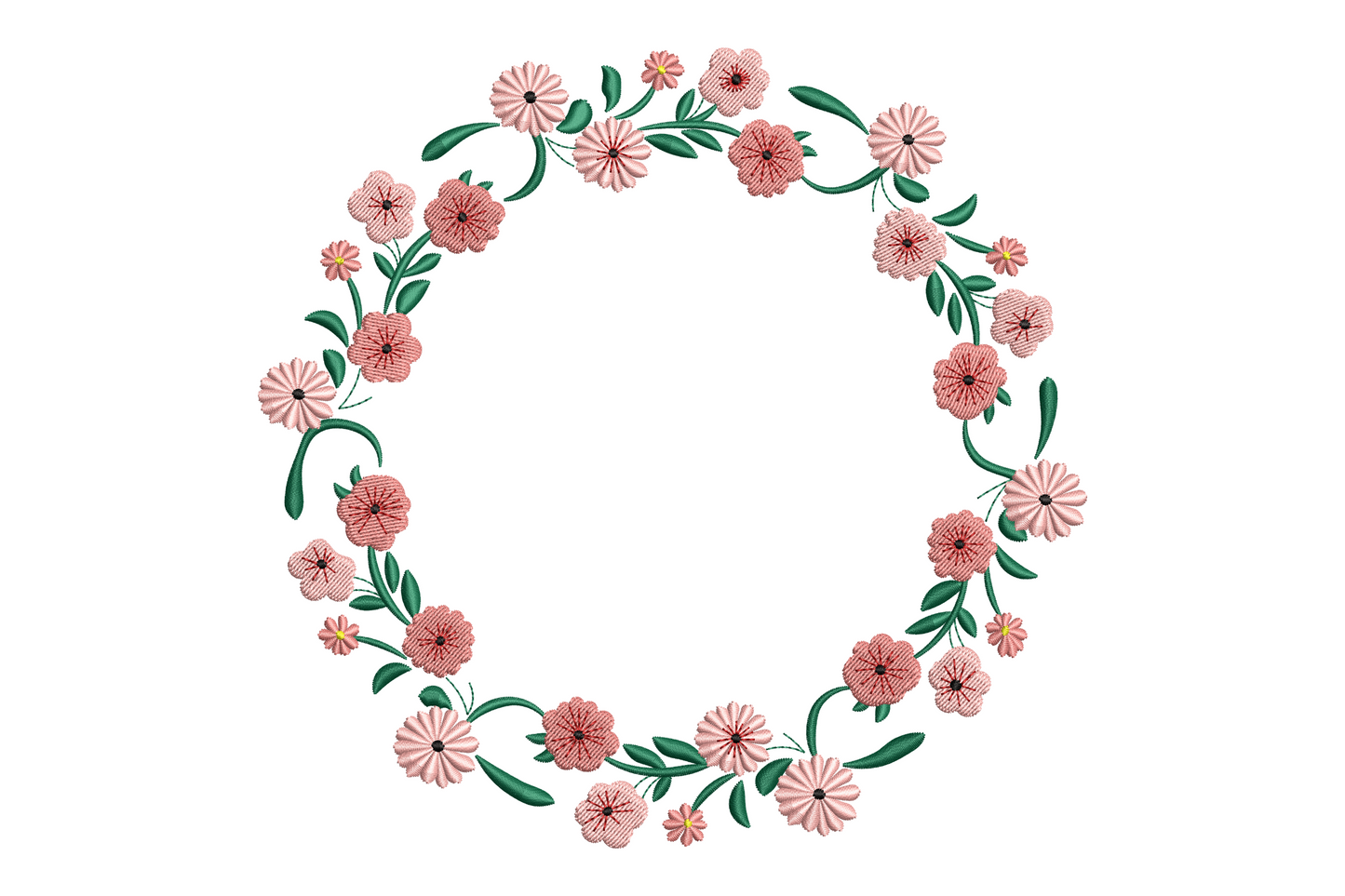 Delicate pink floral wreath embroidery design forming a complete circle with daisy flowers, dark green leaves, and burgundy starburst flower centers