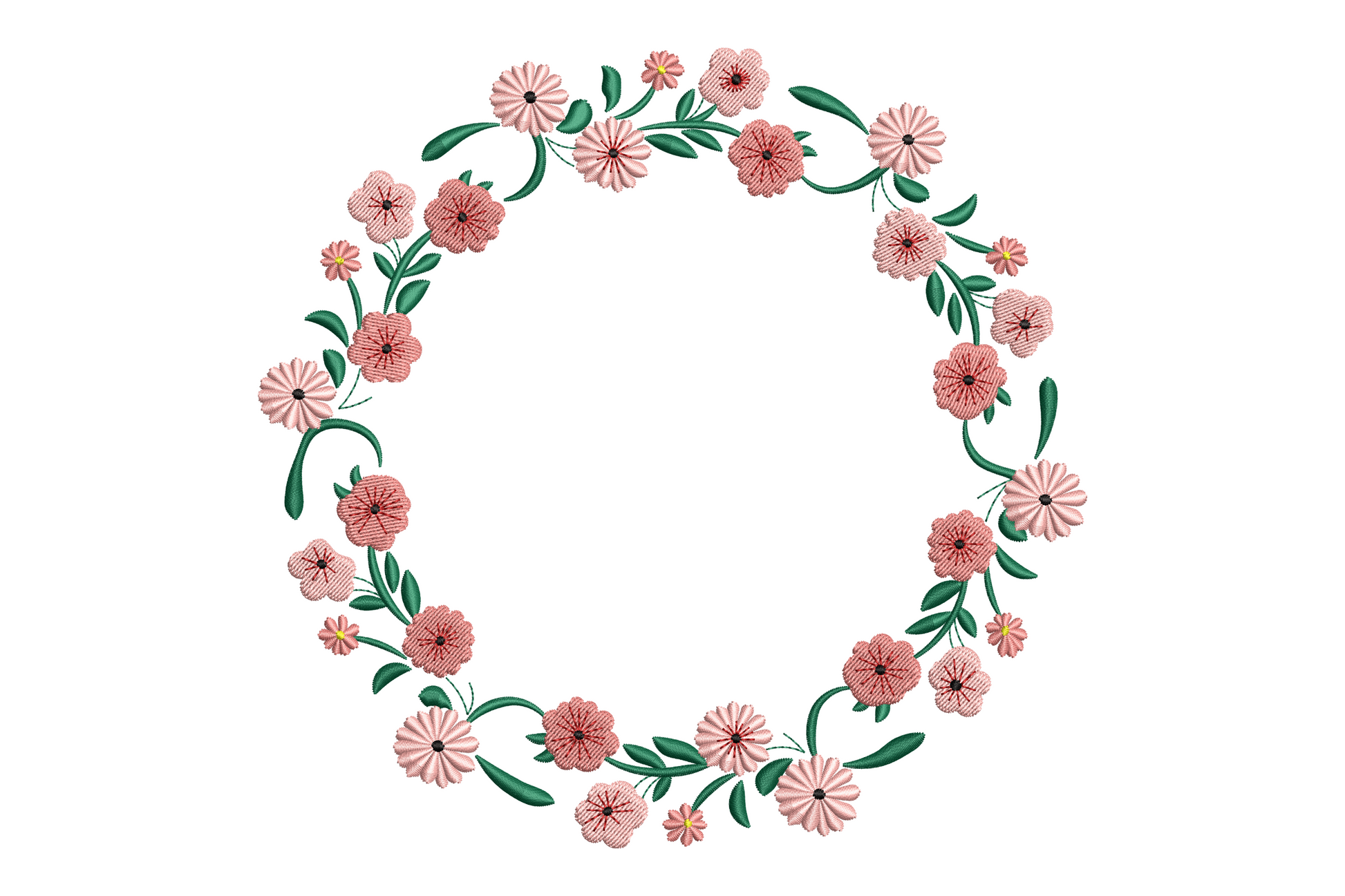 Delicate pink floral wreath embroidery design forming a complete circle with daisy flowers, dark green leaves, and burgundy starburst flower centers