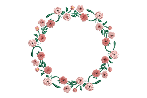 Delicate pink floral wreath embroidery design forming a complete circle with daisy flowers, dark green leaves, and burgundy starburst flower centers