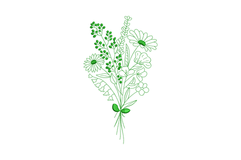 Green line art meadow wildflower bouquet with cosmos, poppy, daisy and lavender tied at the base with a bow