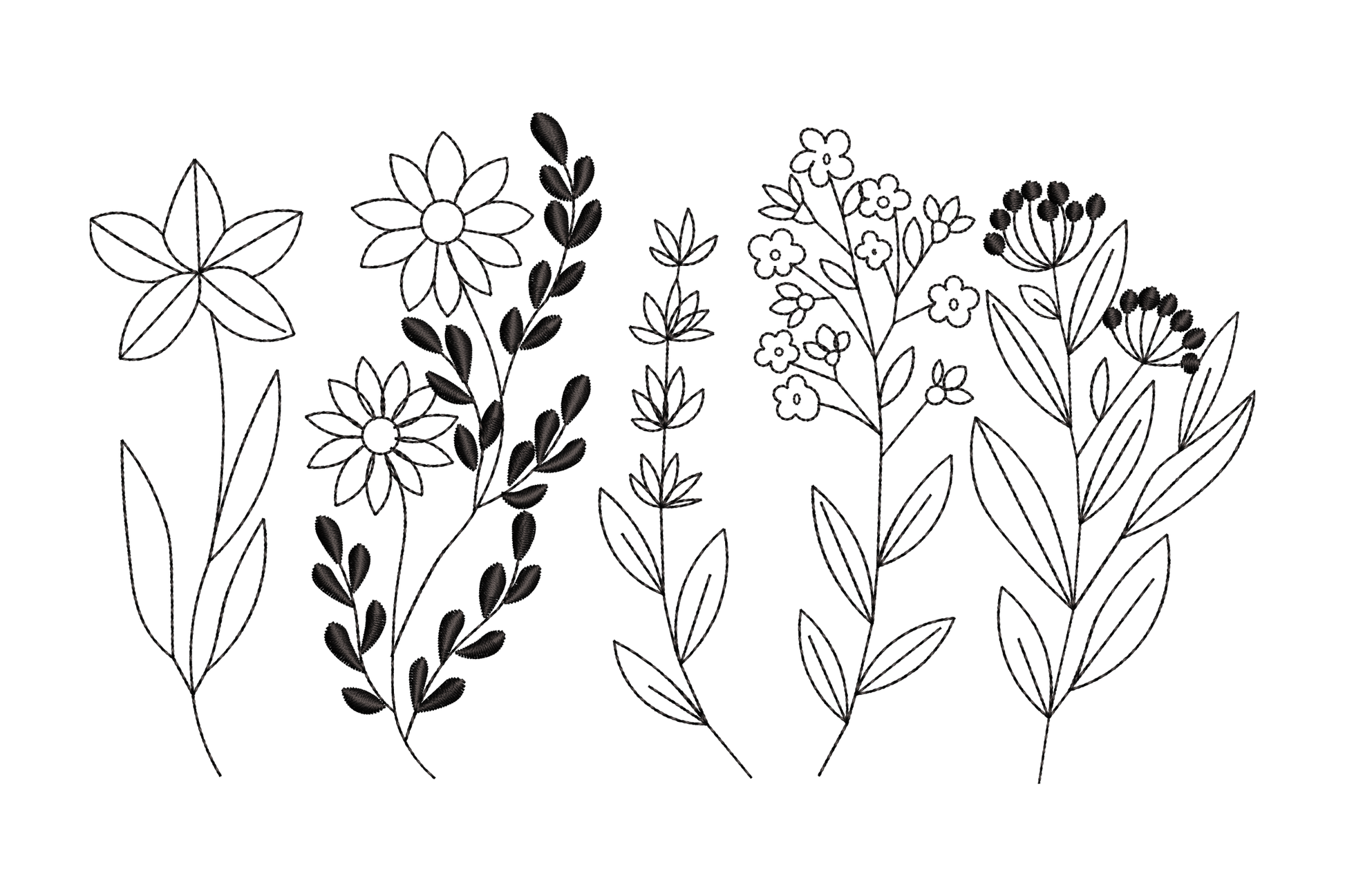Delicate wildflower bouquet embroidery design with five outline flower stems and dark filled leaf branches in fine line art
