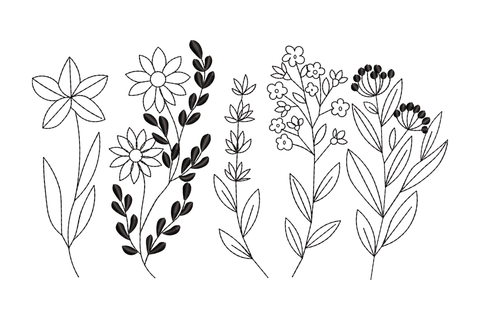 Delicate wildflower bouquet embroidery design with five outline flower stems and dark filled leaf branches in fine line art