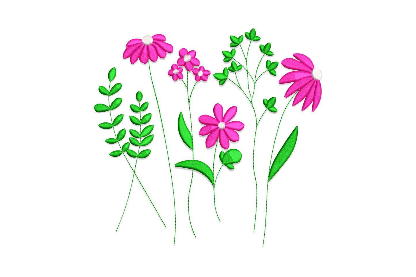 Delicate wildflower garden embroidery with six loose stems of hot magenta blooms and bright green leaves at varying heights.