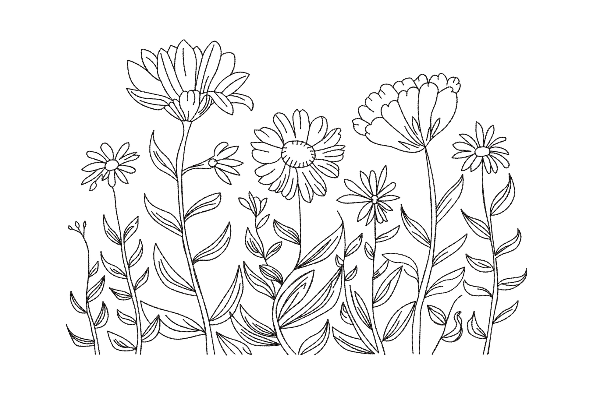 Delicate wildflower garden border embroidery design with daisies, calendula and small sprigs done in single colour black outline only
