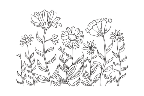 Delicate wildflower garden border embroidery design with daisies, calendula and small sprigs done in single colour black outline only