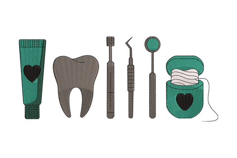 Set of dental tools including a tube, tooth model, and various instruments on a white background.